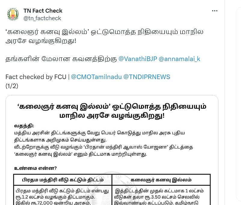 மாநில அரசு நிதியில்தான் கலைஞர் வீட்டுத் திட்டம் - அண்ணாமலைக்கு மறுப்பு!