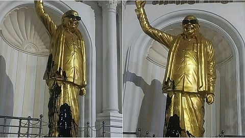 கருணாநிதி சிலை மீது கறுப்பு பெயின்ட் வீச்சு
