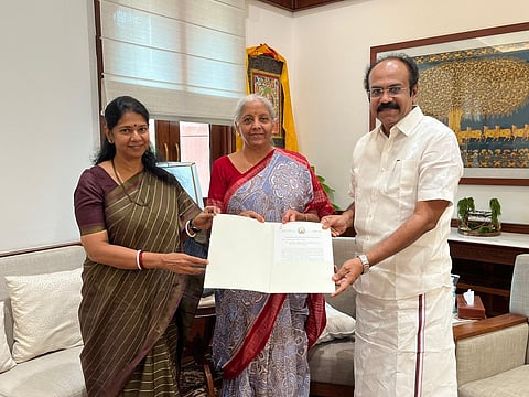 மத்திய நிதியமைச்சர் நிர்மலா சீதாராமனை சந்தித்த கனிமொழி எம்.பி., அமைச்சர் தங்கம் தென்னரசு