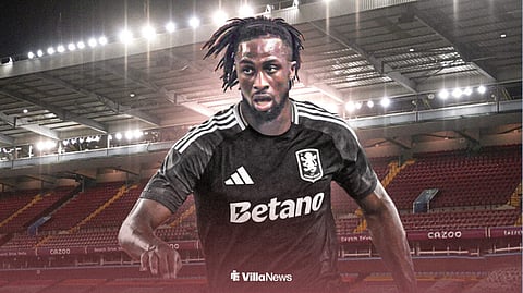 Evann Guessand in Aston Villa away shirt 25/26 ahead of Villa Park