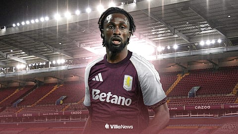 Evann Guessand in an Aston Villa shirt in front of Villa Park