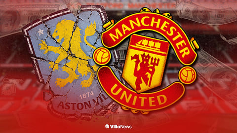 Aston Villa badge broken up and a Manchester United badge at Old Trafford