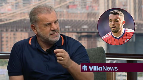 Ange Postecoglou speaking on ITV during the 2026 World Cup, while looking at John McGinn, who is wearing a Scotland shirt.