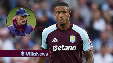 Ezri Konsa in action for Aston Villa with Thomas Tuchel looking towards him in circular inset