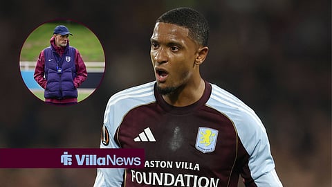 Ezri Konsa in action for Aston Villa, looking at a circular inset of Thomas Tuchel.