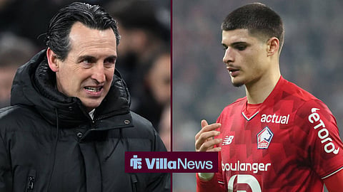 Aston Villa manager Unai Emery looking nervous next to Lille's Matias Fernandez-Pardo