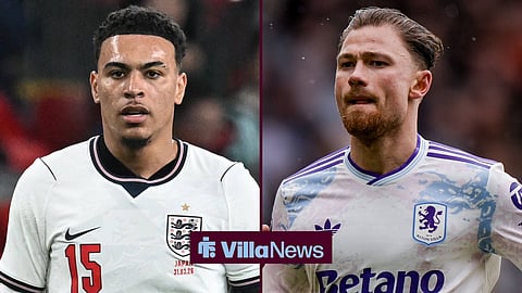 Morgan Rogers in action for England next to Aston Villa's Matty Cash playing in the Premier League