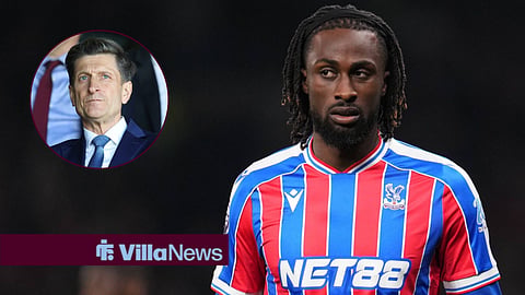 Evann Guessand looking annoyed playing for Crystal Palace, alongside a circle inset of Steve Parish