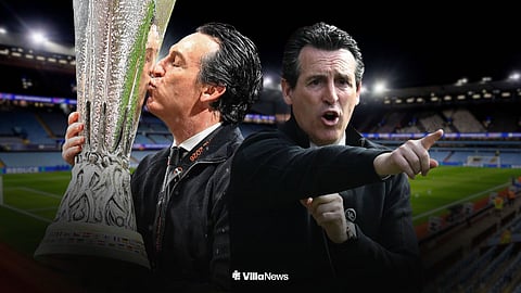 Unai Emery celebrating with the Europa League and Unai Emery looking annoyed