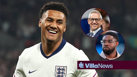 Ollie Watkins laughing with England with Micah Richards and Gary Lineker in circular insets