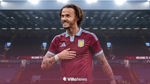 James Maddison with hand on his chest in new Aston Villa kit, ahead of Villa Park