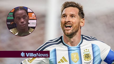 Ilaix Moriba in a Celta Vigo press conference and Lionel Messi celebrating after scoring at the World Cup against Algeria.