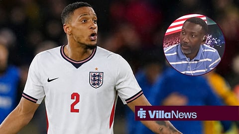 Ezri Konsa in an England shirt and Jimmy Floyd Hasselbaink speaking on talkSPORT