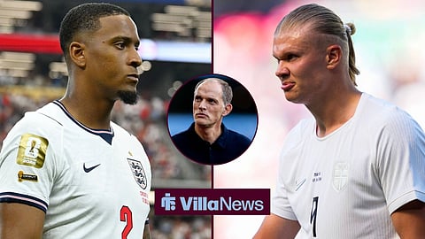 England's Ezri Konsa looks towards Norway's Erling Haaland with England manager Thomas Tuchel in a circular inset.