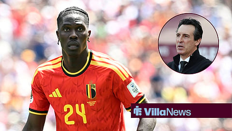 Aston Villa midfielder Amadou Onana playing for Belgium and a circular inset of Unai Emery