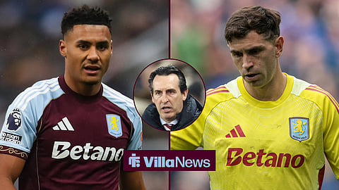 Aston Villa players Ollie Watkins and Emiliano Martinez in a side-by-side image, and Aston Villa manager Unai Emery in a circular inset