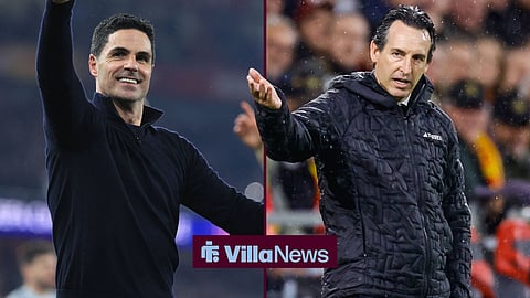 Mikel Arteta celebrating and Unai Emery looking annoyed