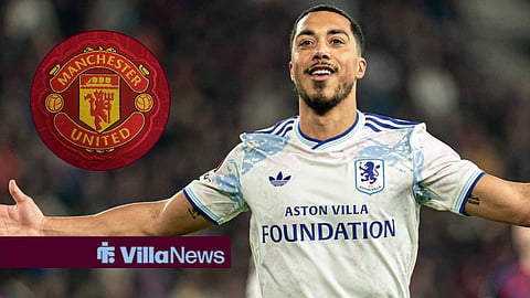 Youri Tielemans celebrating for Aston Villa next to a circle inset of the Manchester United badge