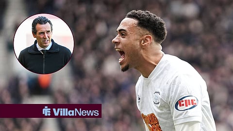 Lewis Dobbin celebrates for Preston North End, looking at a circular inset of Unai Emery.