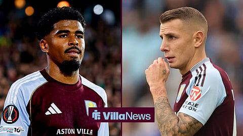 A 50-50 split image of Ian Maatsen and Lucas Digne in action for Aston Villa.