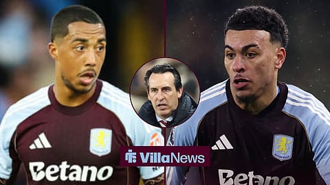 A side-by-side image of Aston Villa players Youri Tielemans and Morgan Rogers, with Aston Villa manager Unai Emery in a circular inset.