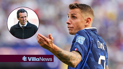 Lucas Digne in action for the French national team, looking at a circular inset of Unai Emery. 
