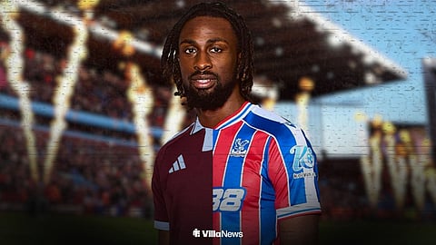 Evann Guessand in an Aston Villa and Crystal Palace shirt
