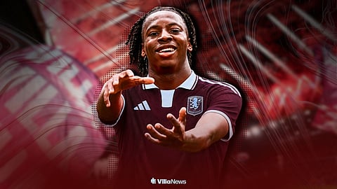 Johan Manzambi celebrating in an Aston Villa shirt