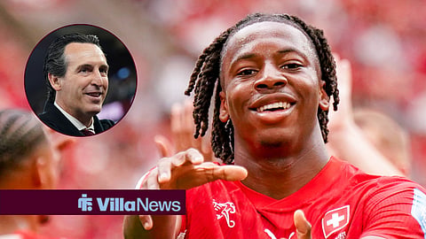 Johan Manzambi and Aston Villa manager Unai Emery in a circular inset