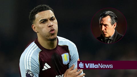 Morgan Rogers in action for Aston Villa, with Unai Emery in a circular frame inset