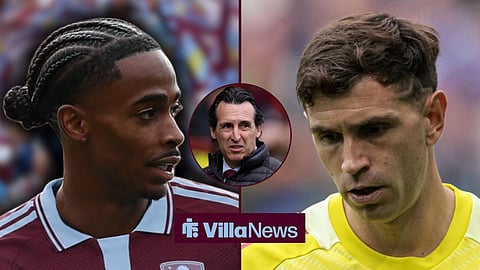 Crysencio Summerville and Emi Martinez in a side-by-side image, and Aston Villa boss Unai Emery in a circular inset