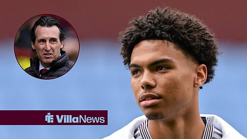 Aston Villa youth prospect George Hemmings and a circular inset of Aston Villa manager Unai Emery