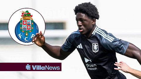 Brian Madjo playing for Aston Villa alongside a circle inset of a Porto badge