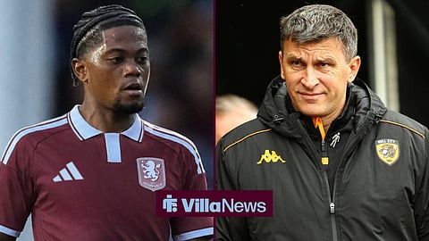 Leon Bailey playing for Aston Villa and Hull City manager Sergej Jakirovic looking annoyed