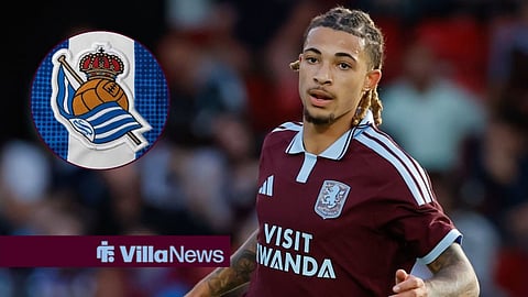 Luka Lynch playing for Aston Villa and a Real Sociedad badge