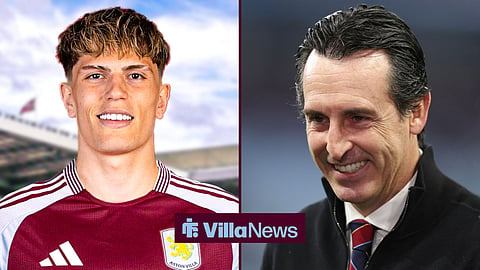 Alejandro Garnacho in an Aston Villa kit with Unai Emery smiling