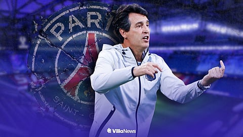 Unai Emery managing Aston Villa next to a PSG badge at Red Bull Arena