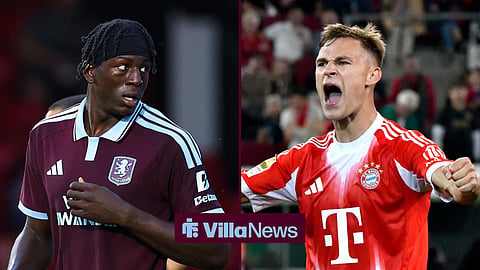 Aston Villa's Brian Madjo and  Bayern Munich's Joshua Kimmich