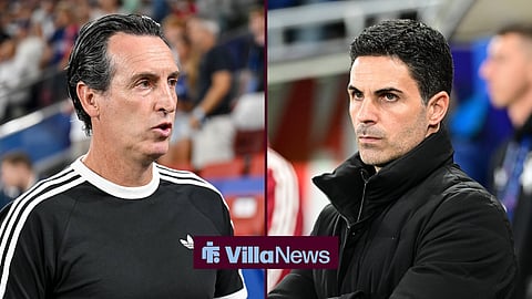 Aston Villa manager Unai Emery and Arsenal manager Mikel Arteta in a side-by-side image.