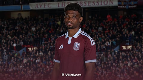 Manchester United's Amad Diallo in an Aston Villa shirt with Villa Park background