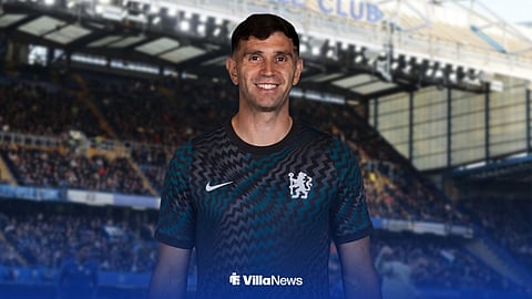 Former Aston Villa man Emi Martinez in a Chelsea shirt