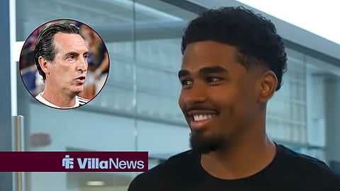 Aston Villa defender Ian Maatsen and Aston Villa manager Unai Emery in a circular inset.