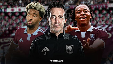 Unai Emery, Ibrahim Mbaye playing for Aston Villa and Johan Manzambi celebrating for Aston Villa
