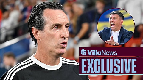Unai Emery looking on with Sergej Jakirovic screaming in circular inset