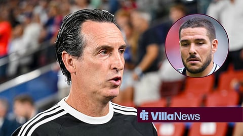 Main image of Unai Emery and Aston Villa attacker Emiliano Buendia's face in a circular inset on the right