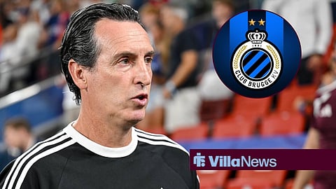 Aston Villa manager Unai Emery and Club Brugge's crest in a circular inset