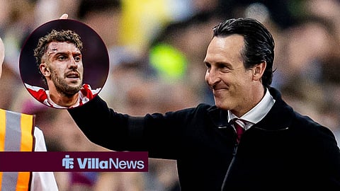 Matteo Ruggeri in action for Atletico Madrid and Unai Emery smiling at Villa Park, home of Aston Villa FC