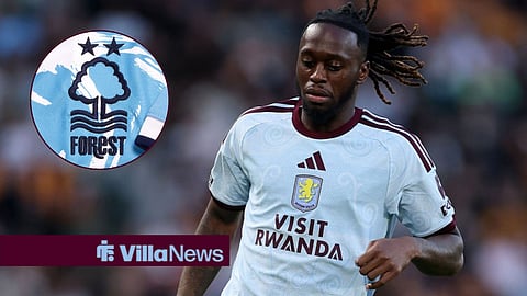 Aaron Wan-Bissaka playing for Aston Villa alongside a Nottingham Forest badge