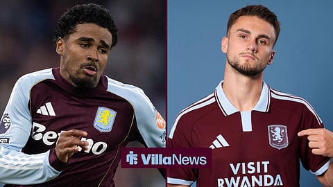 Ian Maatsen in action for Aston Villa and Taylor Harwood-Bellis pointing to the Aston Villa badge