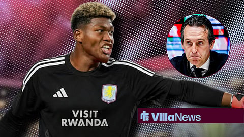 Zion Suzuki playing for Aston Villa and Unai Emery in a press conference